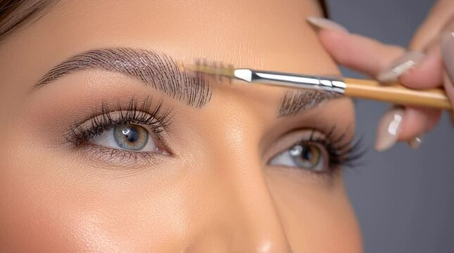 A close-up shows a hand applying makeup to a woman's perfectly shaped eyebrows.