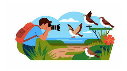 Photographer capturing birds in nature scenery with open wings and perched sparrows on a sunny day
