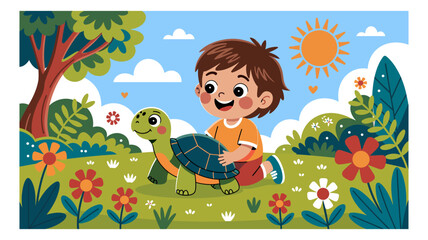 Naklejka premium Smiling boy with brown hair rides a friendly turtle through a vibrant meadow filled with flowers and lush greenery under a sunny sky