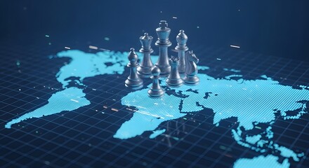 trategic Global Business Chess: World Domination Concept with Chess Pieces on Digital World Map