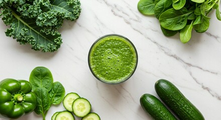 Obraz premium Vibrant green smoothie surrounded by kale, spinach, cucumbers, and bell pepper, conveying health and wellness through fresh produce.