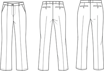 Men’s formal trousers flat sketch, front and back views, technical fashion illustration, vector pants design template for garment design projects.