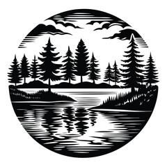 Black silhouette of evergreen forest and lake black and white