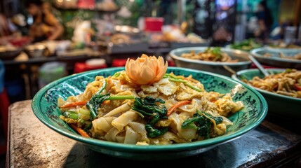 Obraz premium A vibrant Thai noodle dish of Pad See Ew, garnished with a carved daikon lotus