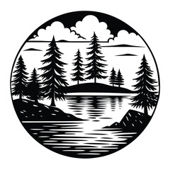Black white forest lake scene silhouette black and white