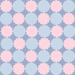 soft pastel floral and circle pattern vector - warm bright yellow, lilac purple, sky blue, blush pink seamless geometric design, whimsical geometric circle and flower pattern