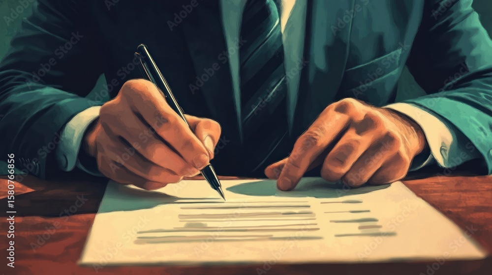 Poster business approval concept: businessman approving documents on virtual screen for workflow management