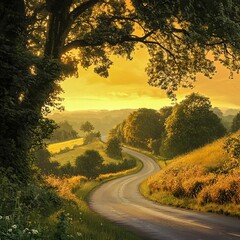 Fototapeta premium Peaceful Countryside Road A quiet winding road through a gentle countryside at golden hour serene and evocative