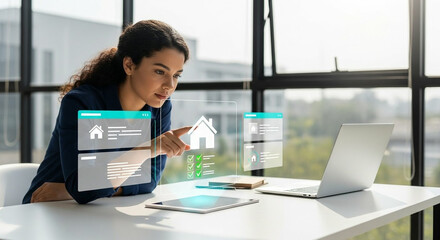 Woman interacting with futuristic holographic interface displaying property information