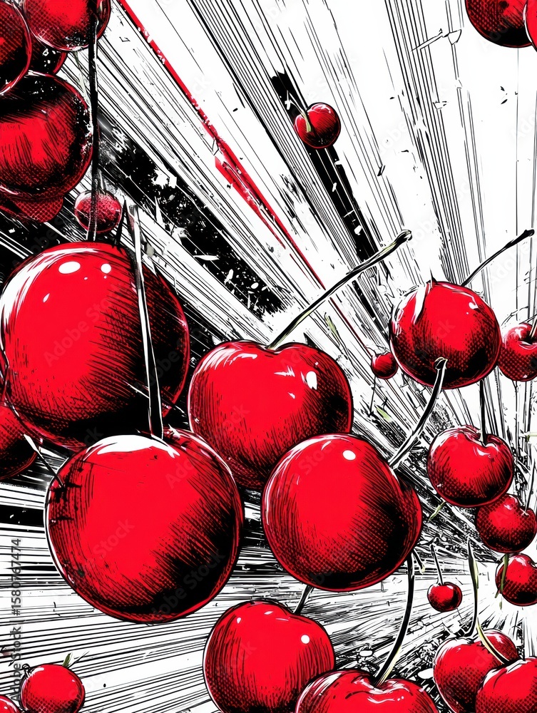 Poster dynamic graphic novel cherries bursting with motion lines creating a vibrant visual experience in an