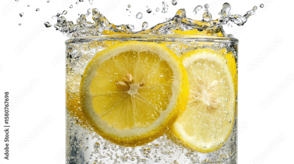 Poster fresh lemons splashing into sparkling water, creating refreshing bubbles in a clear glass.