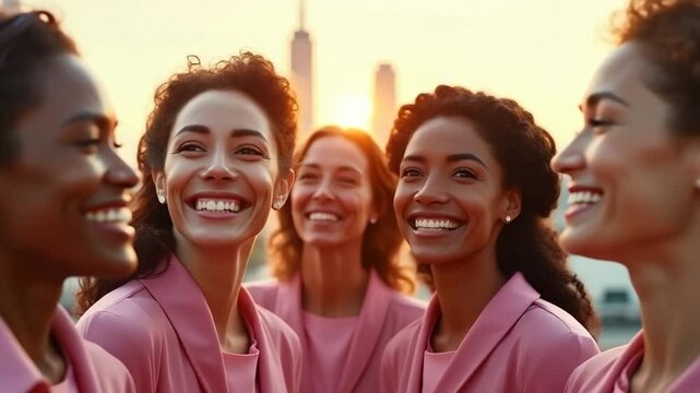 Group of smiling women wearing pink outfits during sunset for Breast Cancer Awareness Month  