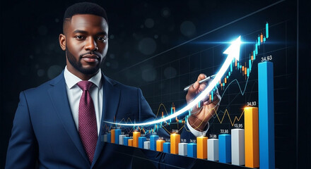 Man in suit analyzing financial growth chart with upward arrow