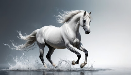 majestic white horse gallops through shallow water, creating splashes under its hooves. background is gradient of soft gray and white, emphasizing horse elegance and power.