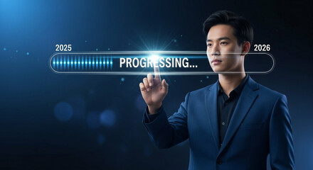 Man interacting with futuristic progress bar showing transition from 2025 to 2026