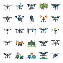 A collection of various illustrated drone designs, equipment, and related elements.