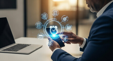 Person using smartphone with digital interface for task management and planning