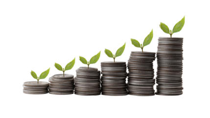 Coins and Sprouting Plants on Transparent Background
