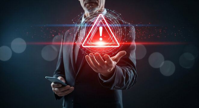 Person holding a smartphone displaying a digital warning alert with binary code