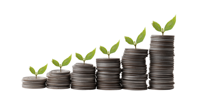 Coins and Sprouting Plants on Transparent Background