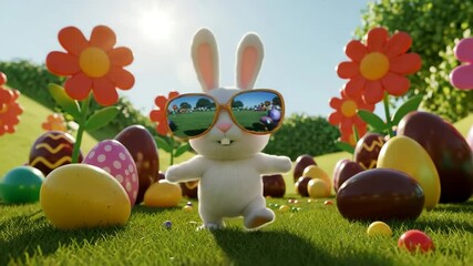 Cute cartoon bunny wearing sunglasses among colorful Easter eggs and flowers - Powered by Adobe
