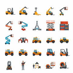 Collection of warehouse and industrial equipment icons, including forklifts, aerial lifts, and other material handling tools.