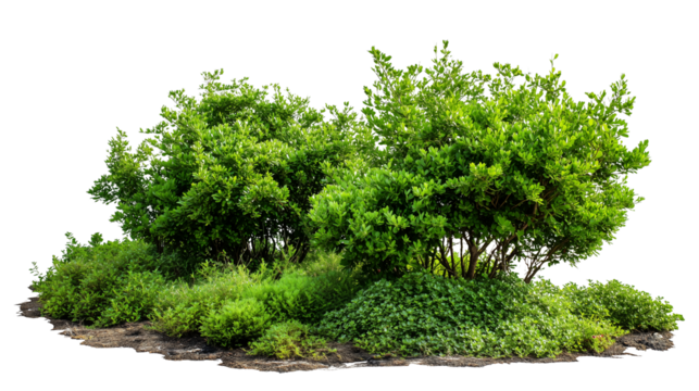 Dense Green Bushes and Foliage Cluster on Transparent Background