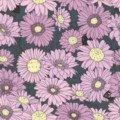 This pattern features a lush, richly detailed field of daisies in a beautiful blend of muted, sophisticated colors.