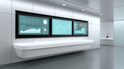 Data Analysis, Financial Dashboard, Modern Office Interior. Business intelligence, big data visualization on multiple screens in a sleek office setting.