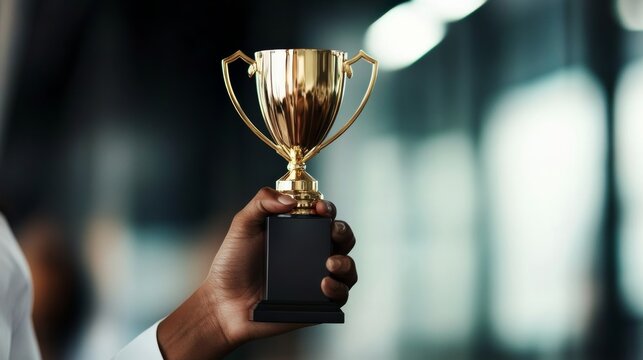 Award trophy held by businesswoman in modern office, pride and achievement mood