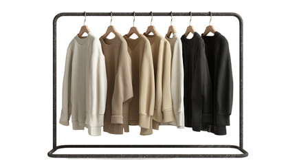  Sweaters and Hoodies on Clothing Rack, Transparent Background