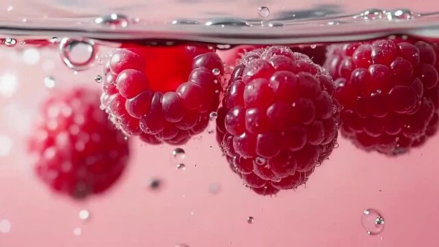 Fresh raspberries falling into clear water creating a splash, ideal for food, health, or refreshing beverage visuals.