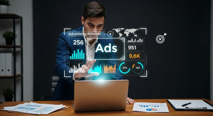 Man analyzing advertising data with futuristic interface and charts