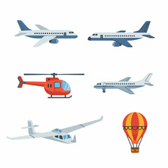 Collection of various air transportation methods including airplanes, helicopter, glider, and hot air balloon.
