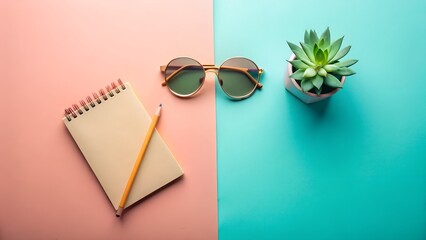 Creative workspace with a notebook, pencil, sunglasses, and a succulent plant on a pink and teal background