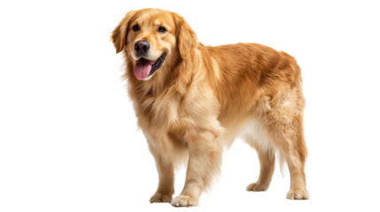 Golden retriever standing proudly, happy expression, isolated on white background.