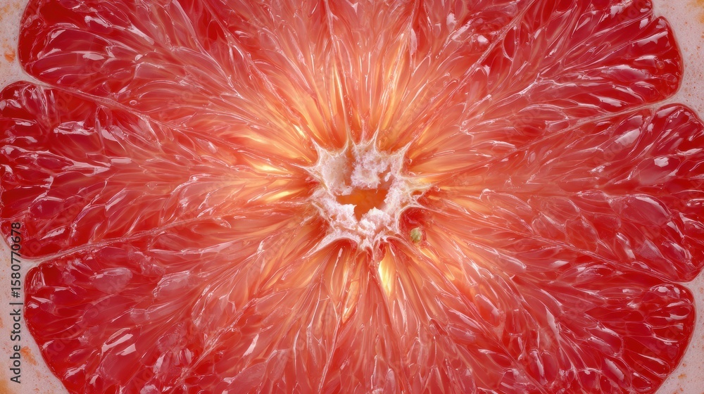 Poster grapefruit slice presenting an abstract sunburst view with top section opened, showcasing vibrant te