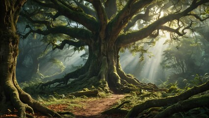 Fototapeta premium Sunlight streams through the branches of an ancient, mosscovered tree, illuminating a path in a lush, enchanted forest