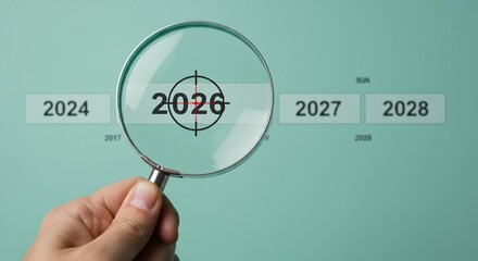 A hand holds a magnifying glass over the year 2026 on a calendar, indicating a focus on that specific year and future planning.