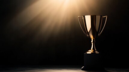 Shiny gold trophy on dramatic dark background, focused lighting from above