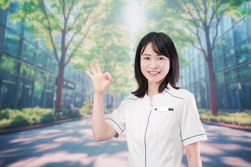 白衣を着て笑顔で外を歩く医療従事者の若い女性