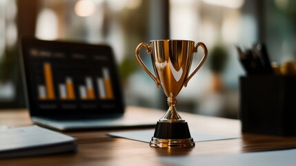 Trophy as symbol of success in business, desk with laptop and graphs in background