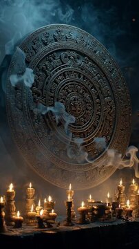 Ornate Aztec sun stone carving shrouded in mystical smoke and illuminated by numerous glowing candles in a dark, atmospheric setting 