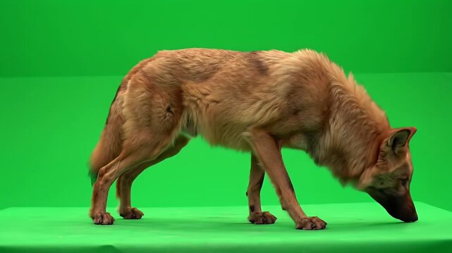 Brown dog sniffing the ground on a green screen studio background, side view of a canine ready for compositing