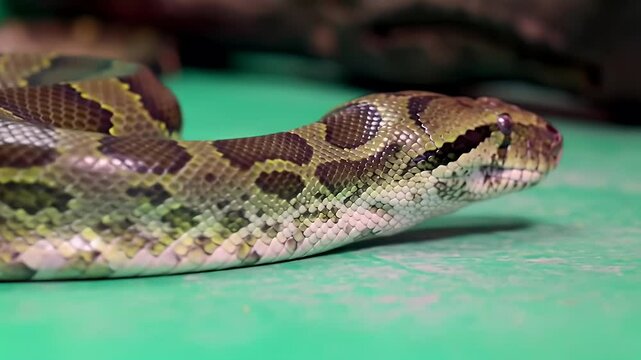 Detailed close-up of a large patterned snake's head and body, showcasing its scales and watchful eye on a green background.