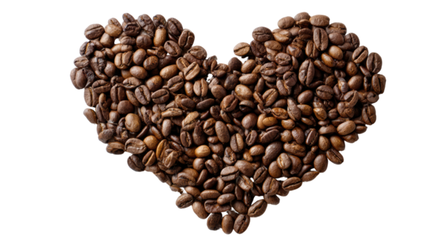 Heart shape made of roasted coffee beans on transparent background.