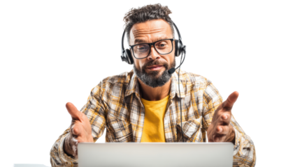 Man with headset gesturing during a video call, white isolate background.