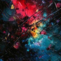 Shattered Reality Fragmented shards of vivid color breaking through dark space raw and evocative