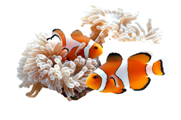 Three clownfish swimming near sea anemone.