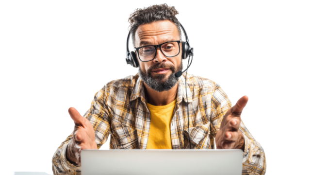 Man with headset gesturing during a video call, white isolate background.